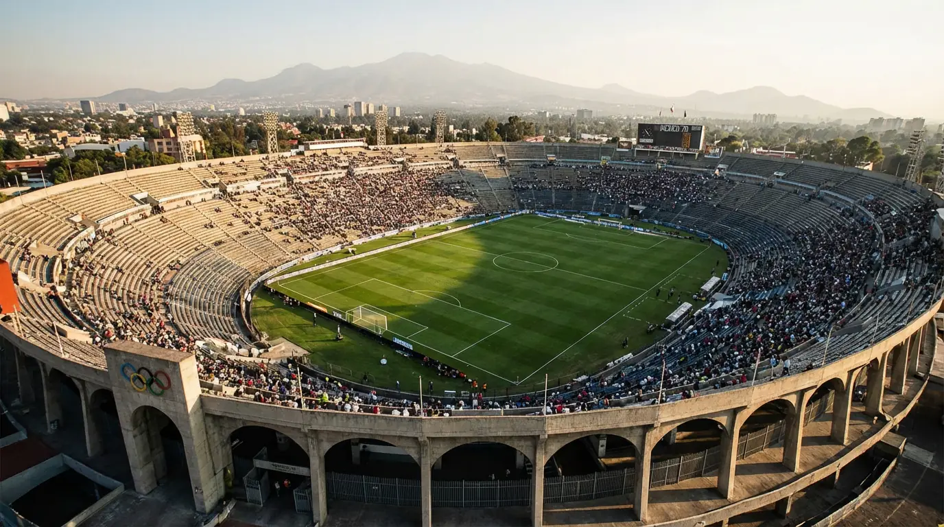 Estadio Azteca zu Mexiko-Stad mat gréngem Foussballterrain an Zuschauer
