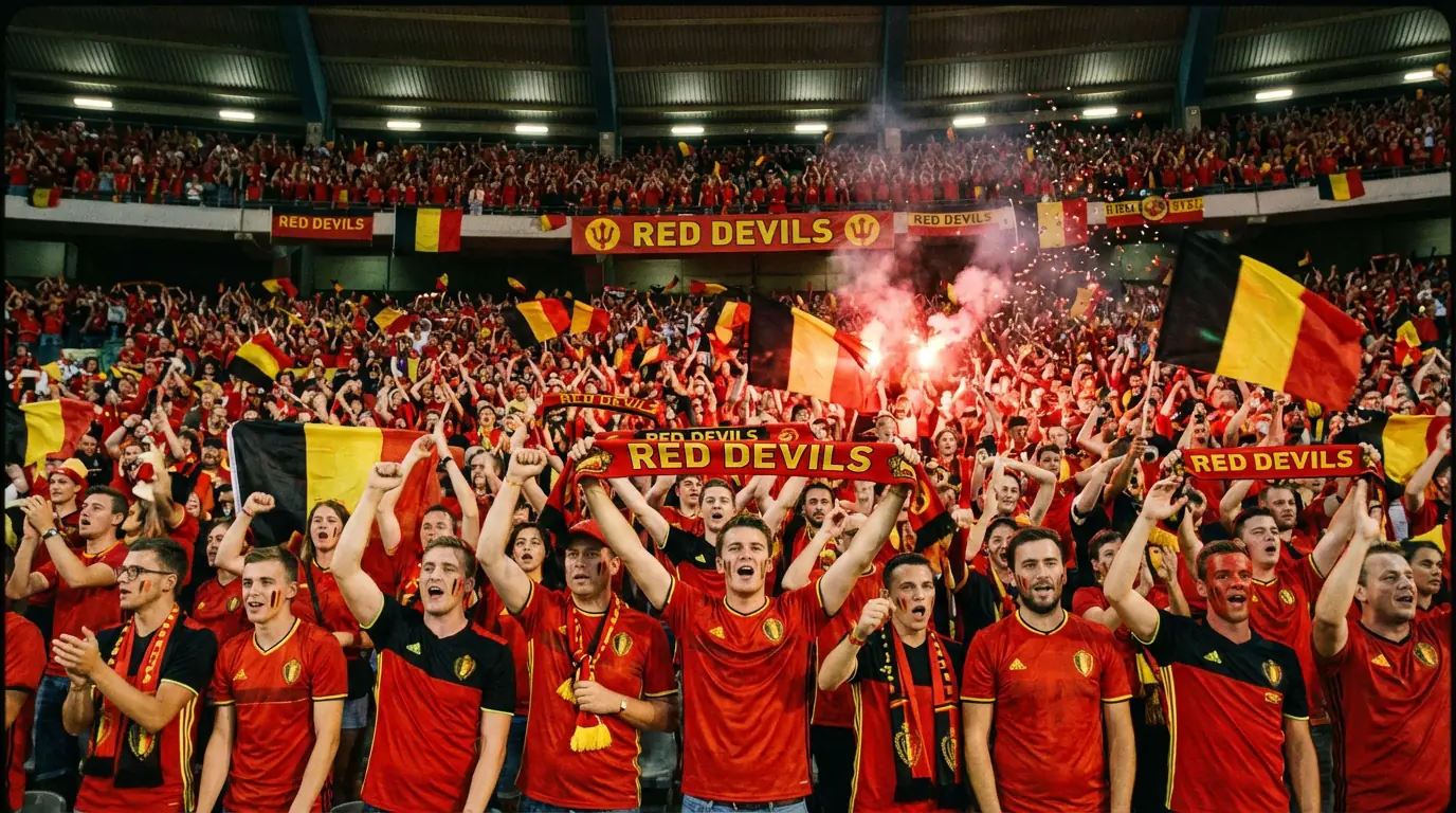 Belsch Foussballfans mat roude Fändelen an Trikoten am Stadion