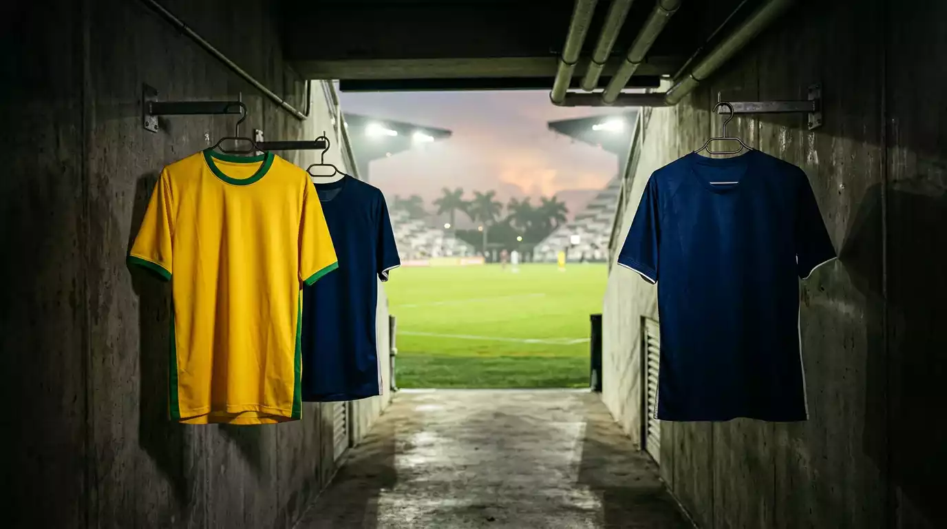 Gielt-grénge an donkelbloe Foussballtrikoten ënner Stadiongliicht virum WM-Match