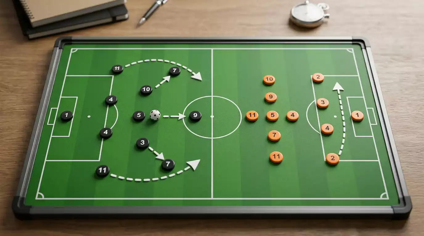 Taktiktafel mat Opstellungen a Pfeiler fir eng Foussball-Matchanalyse