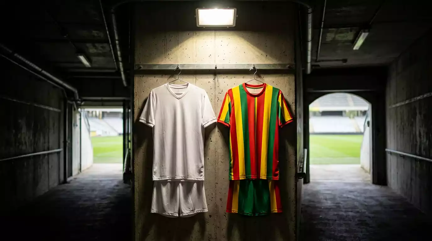 Zwou géigeneranner gestallt Foussballtrikoten ënner Stadiongliicht virum WM-Match