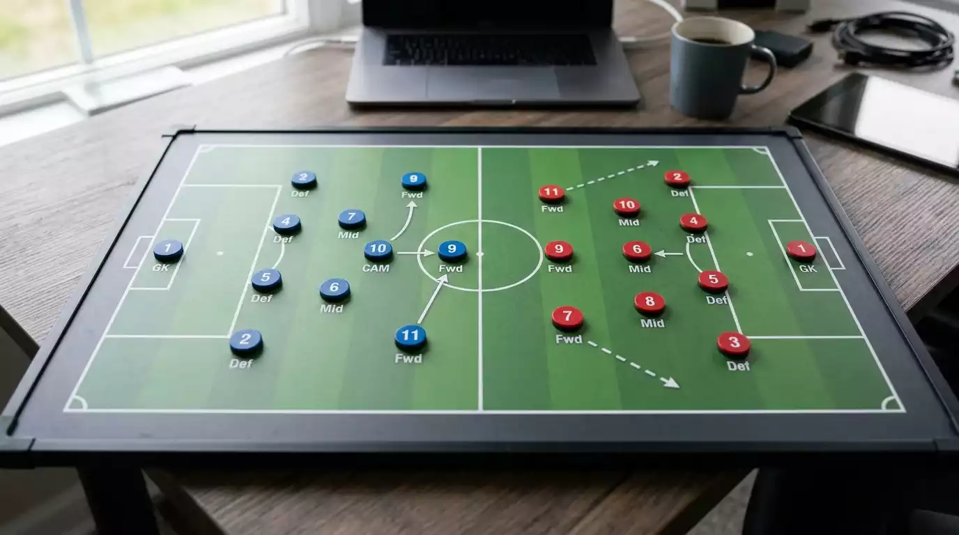 Taktiktafel mat Opstellungen a Pfeiler fir eng Foussball-Matchanalyse