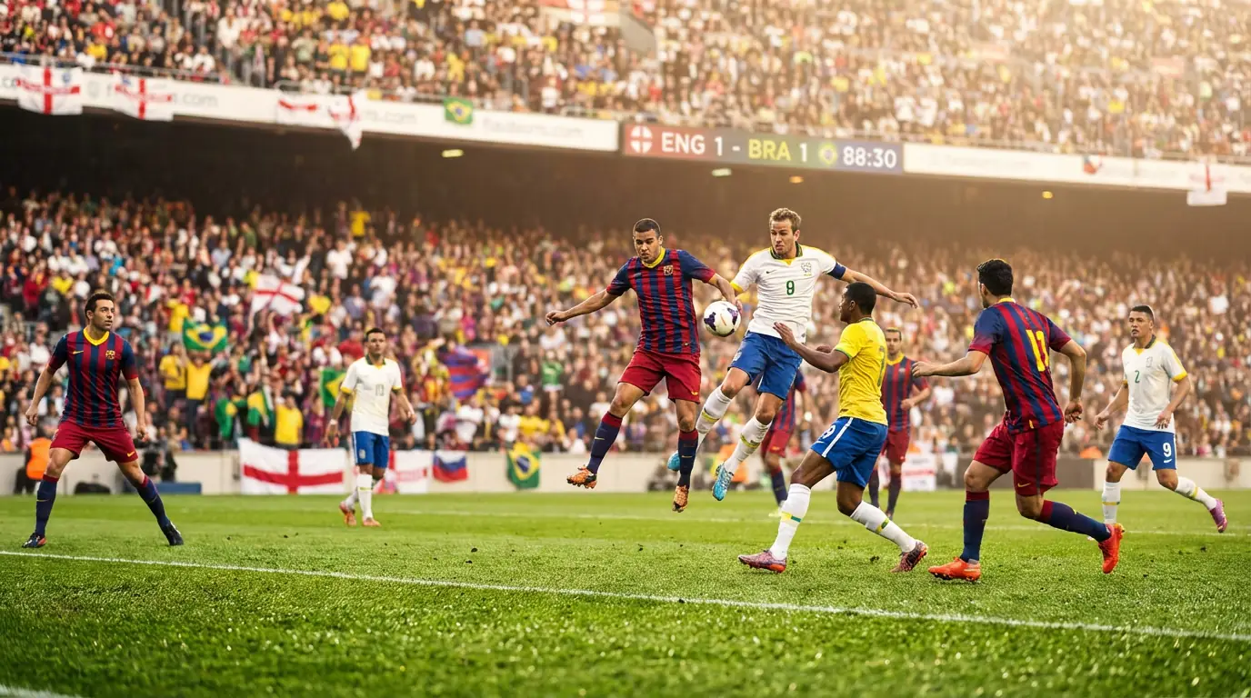 Foussballspiller op engem gréngem Terrain während engem internationale Match