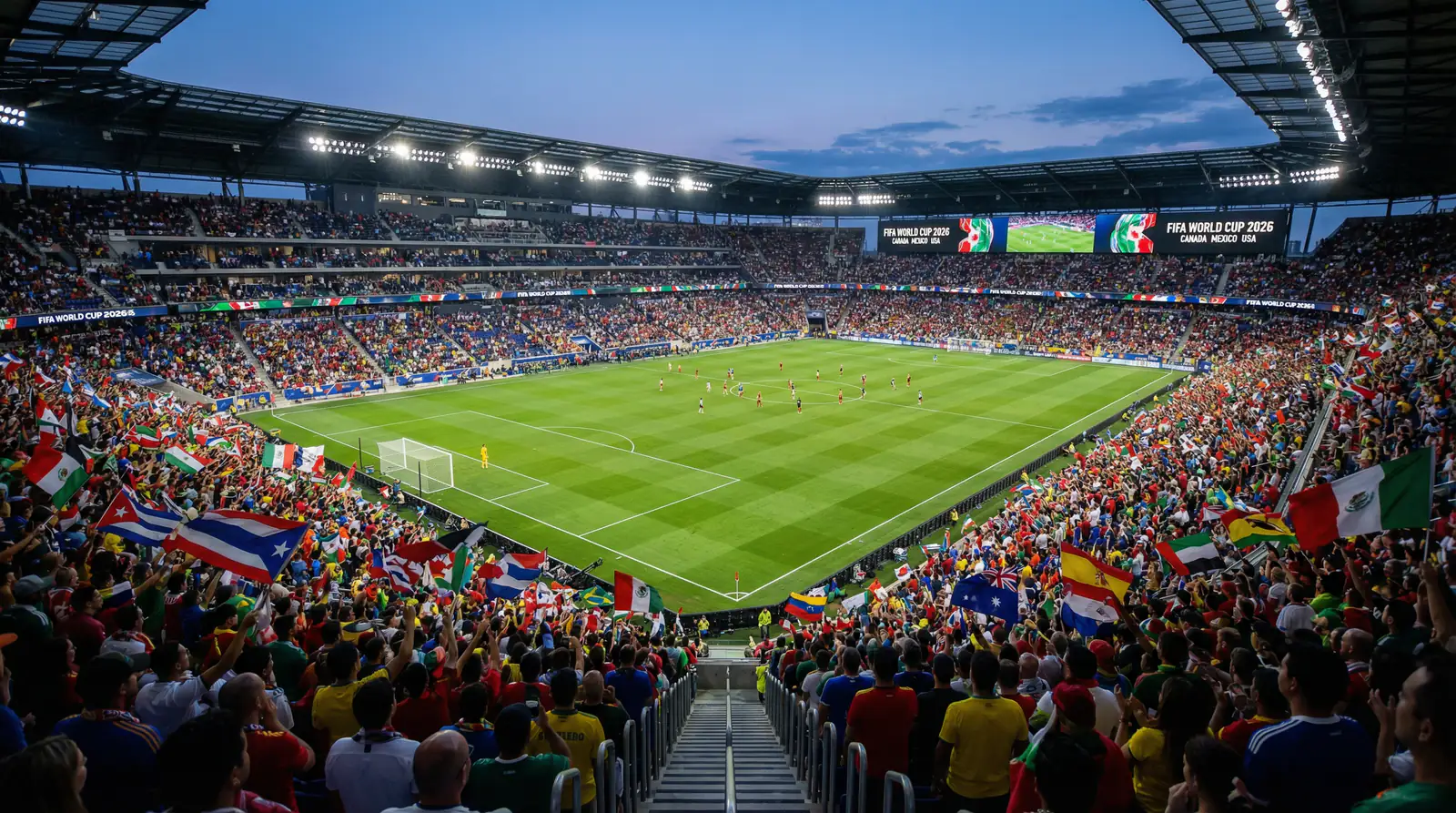Foussball Stadion mat Fans an Fändelen fir d'Weltmeeschterschaft 2026