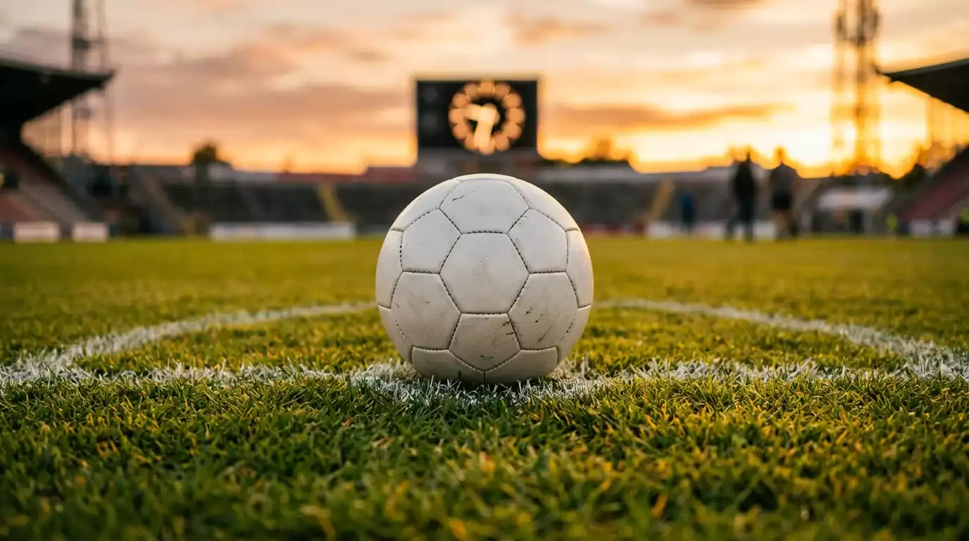 Foussball um Mëttelpunkt vun engem Spillfeld mat enger Uerstafel am Hannergrond