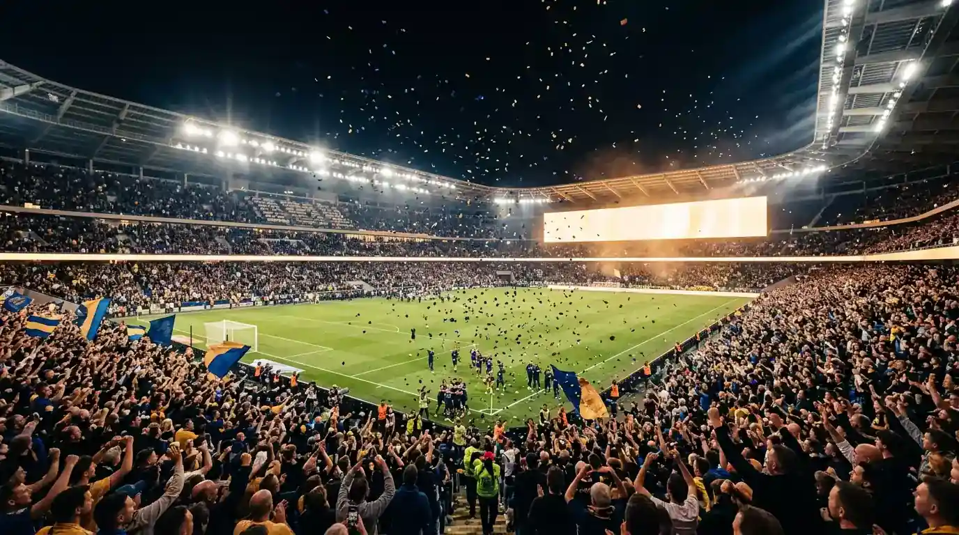 Stadion bei Nuecht mam Anzeegetafel, déi e Rekordmoment bei der WM 2026 markéiert