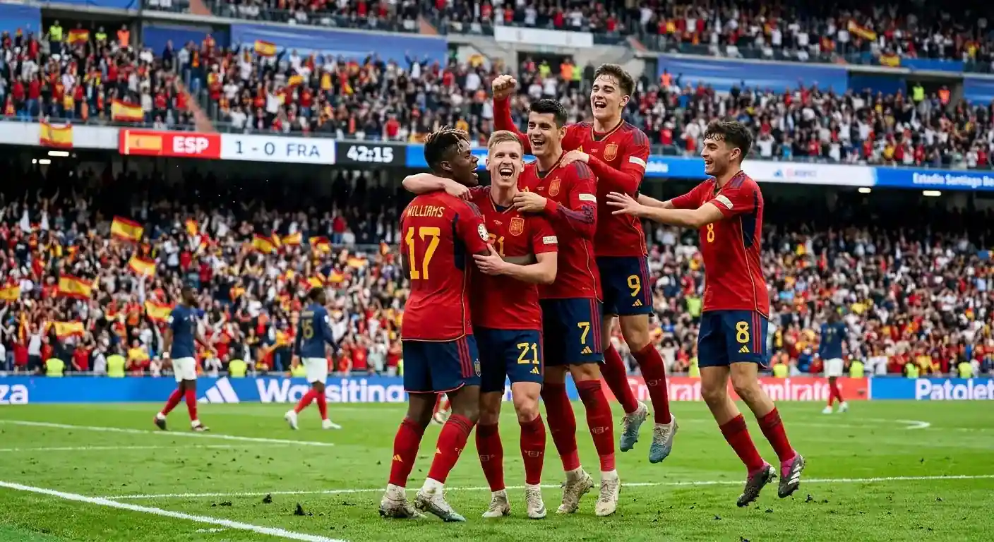 Yamal feiert nomhale vum Stëfspunkt den Digne-Broch an der 22. Minutt; Spuenien an d'Finall vun der WM 2026 no 2-0 géint Frankräich am AT&T-Stadion.